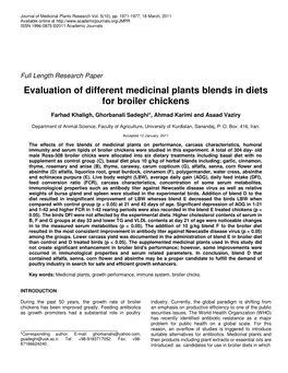 Evaluation of Different Medicinal Plants Blends in Diets for Broiler Chickens