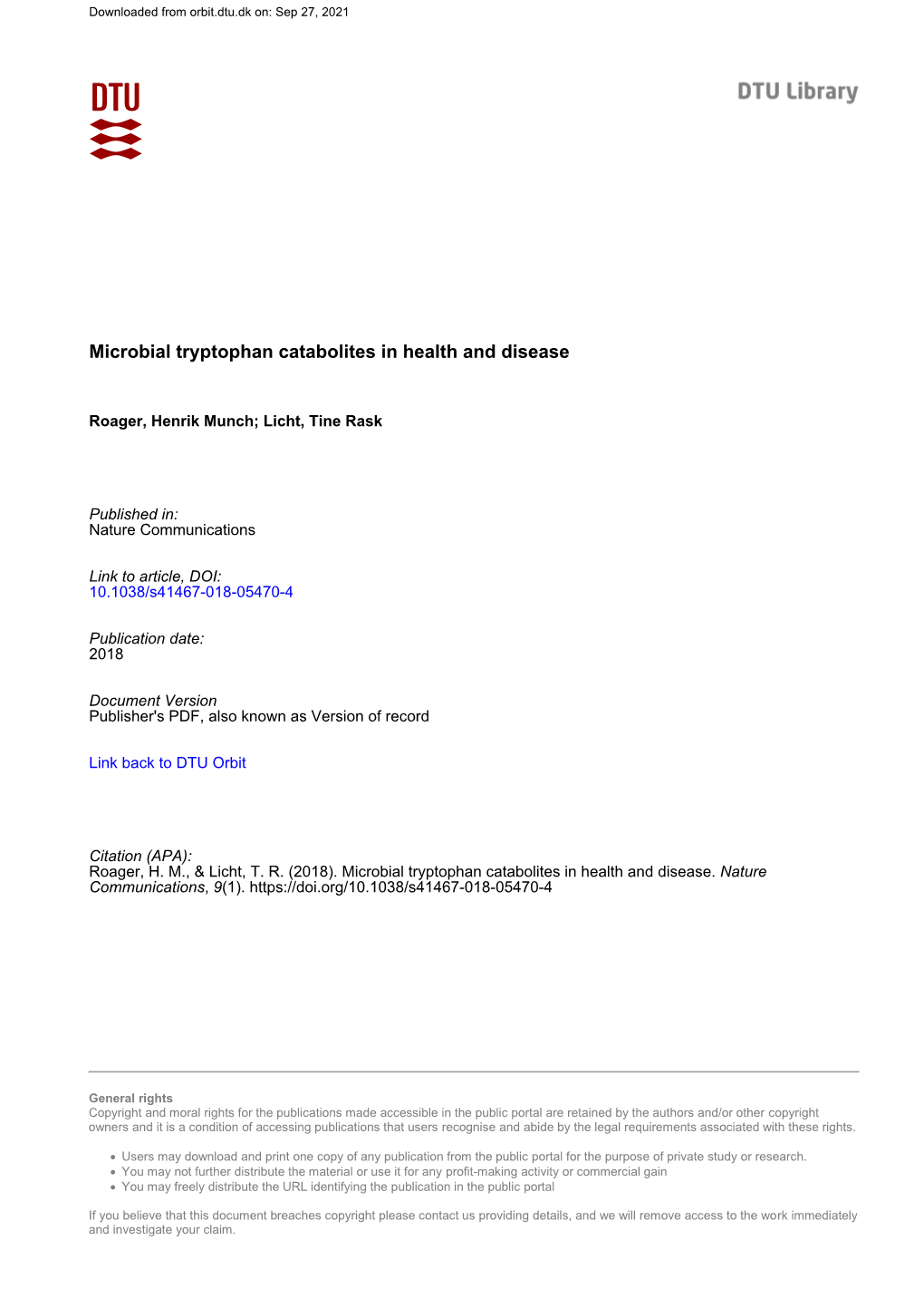 Microbial Tryptophan Catabolites in Health and Disease