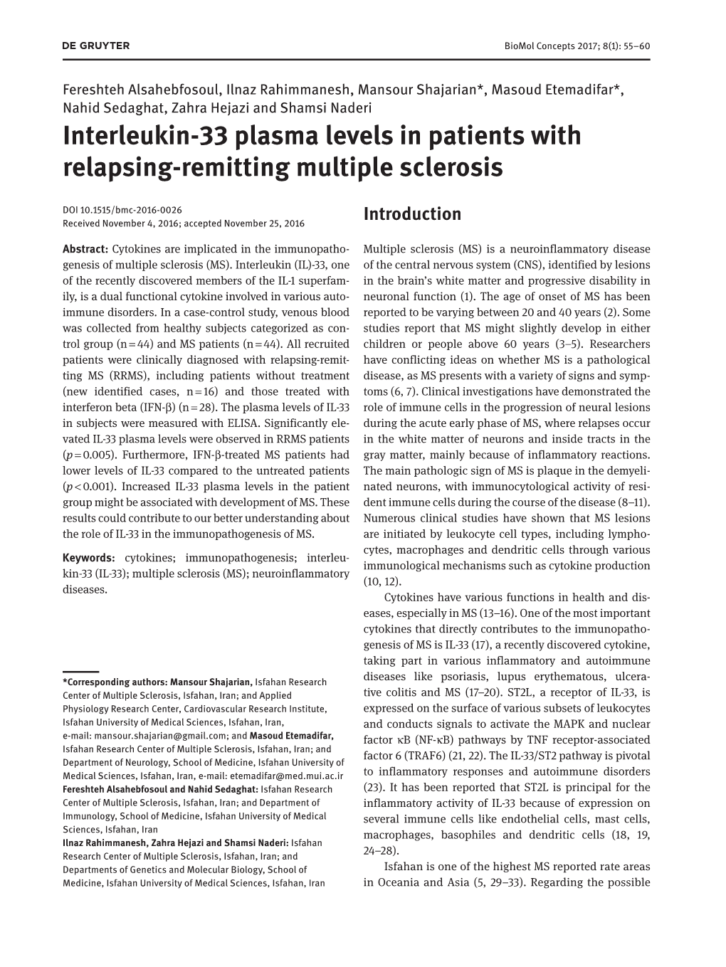 Interleukin-33 Plasma Levels in Patients with Relapsing-Remitting Multiple Sclerosis