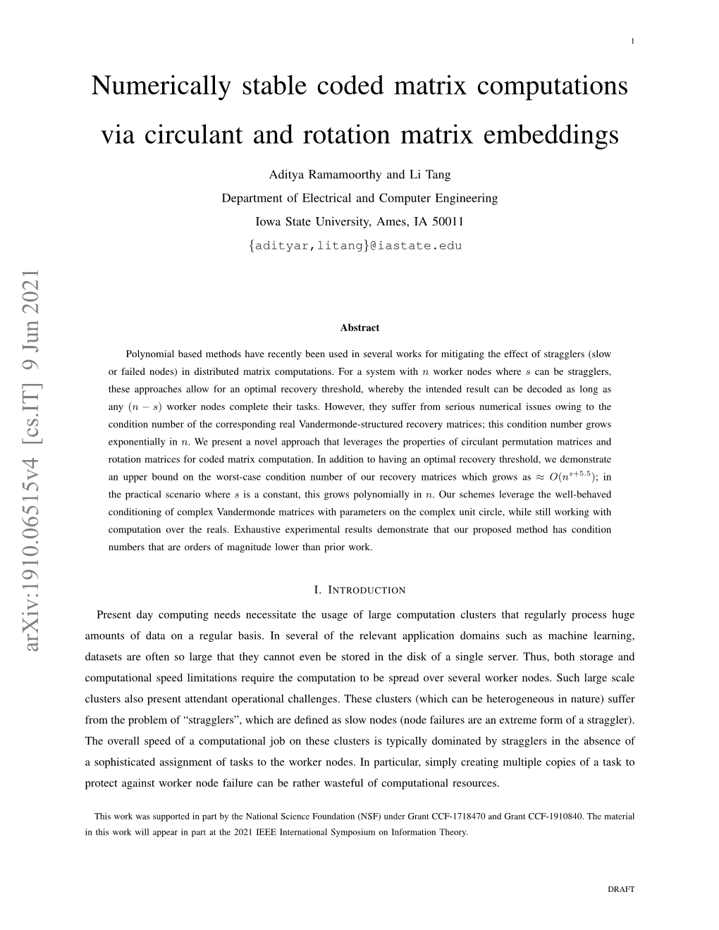 Numerically Stable Coded Matrix Computations Via Circulant and Rotation Matrix Embeddings