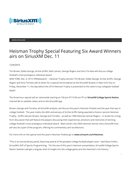 Heisman Trophy Special Featuring Six Award Winners Airs on Siriusxm Dec