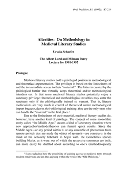 On Methodology in Medieval Literary Studies