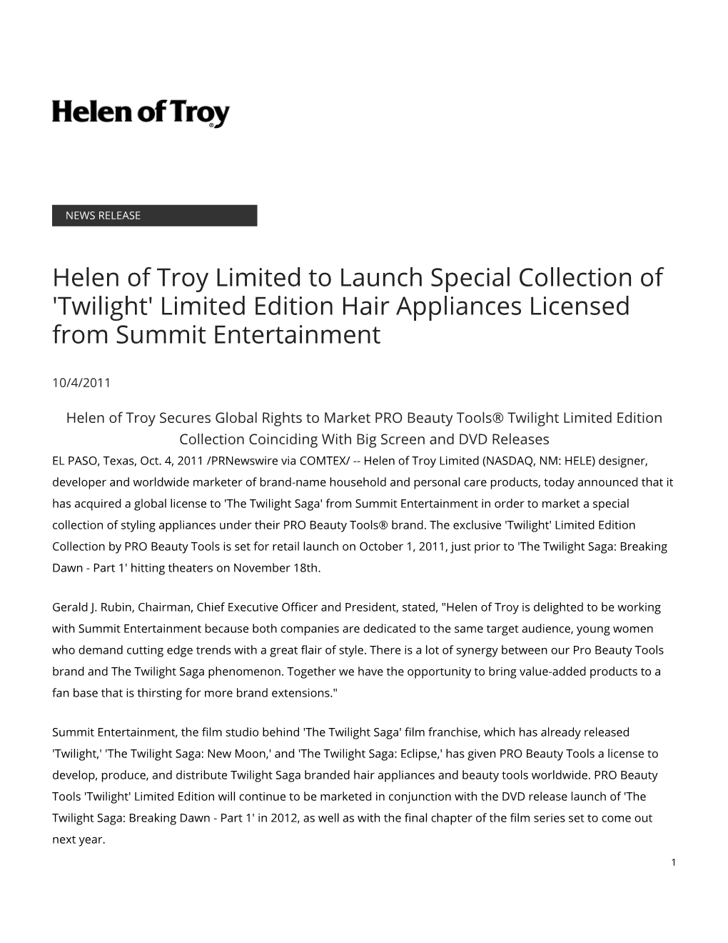 Helen of Troy Limited to Launch Special Collection of 'Twilight' Limited Edition Hair Appliances Licensed from Summit Entertainment