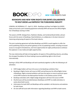 BOOKEXPO and NEW YORK RIGHTS FAIR (NYRF) COLLABORATE to HELP GROW and IMPROVE the PUBLISHING INDUSTY