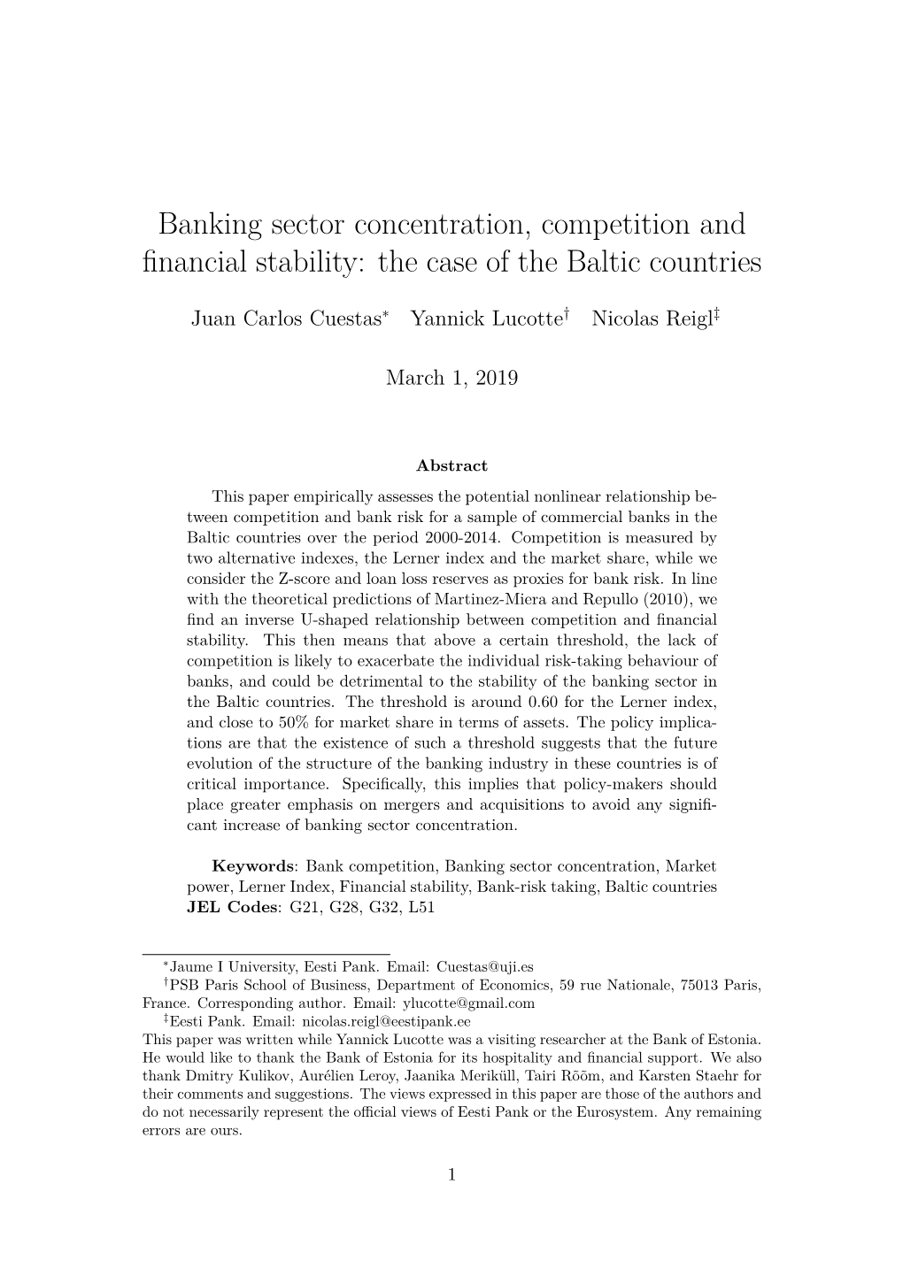 Banking Sector Concentration, Competition and Financial Stability