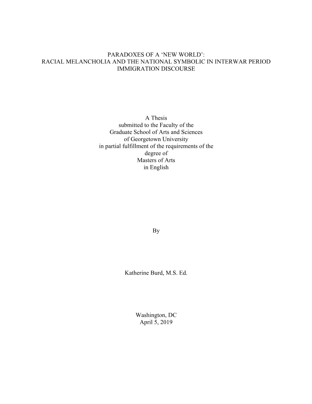 Racial Melancholia and the National Symbolic in Interwar Period Immigration Discourse