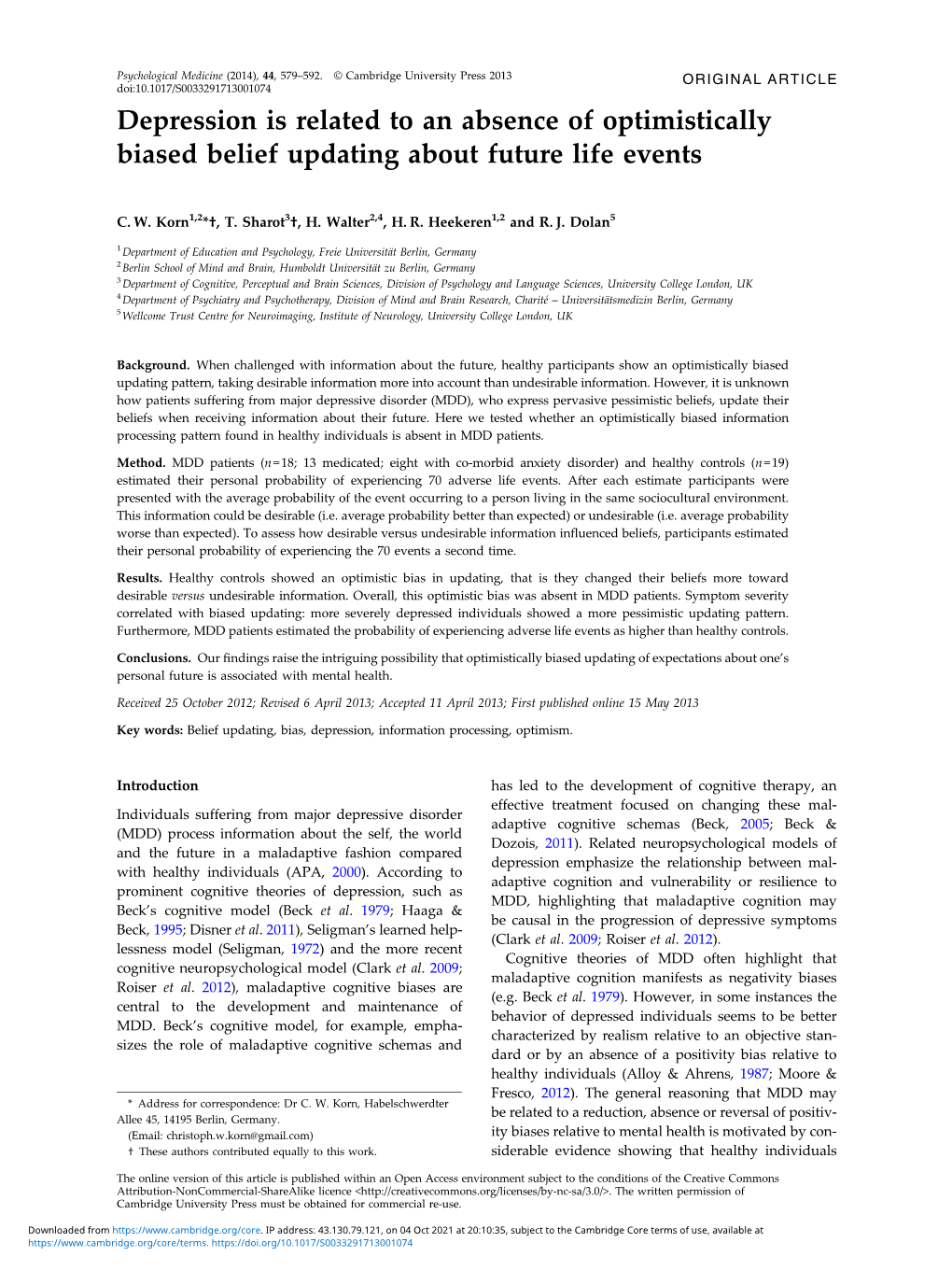 Depression Is Related to an Absence of Optimistically Biased Belief Updating About Future Life Events