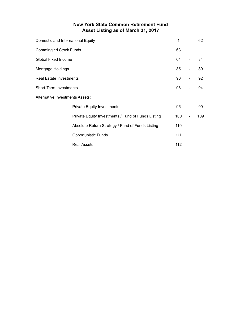 Asset Listing for the New York State Common Retirement Fund As Of