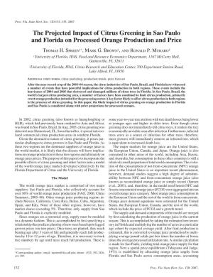 The Projected Impact of Citrus Greening in Sao Paulo and Florida on Processed Orange Production and Price