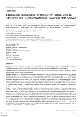 Social Media Interventions to Promote HIV Testing, Linkage, Adherence, and Retention: Systematic Review and Meta-Analysis