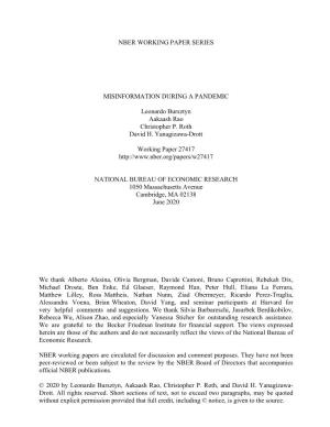 NBER WORKING PAPER SERIES MISINFORMATION DURING a PANDEMIC Leonardo Bursztyn Aakaash Rao Christopher P. Roth David H. Yanagizawa