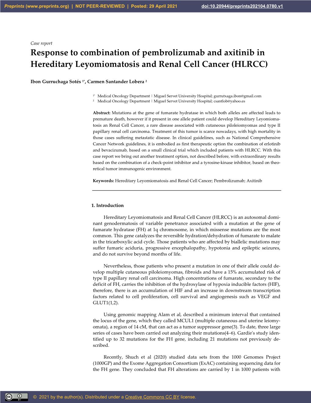 Response to Combination of Pembrolizumab and Axitinib in Hereditary Leyomiomatosis and Renal Cell Cancer (HLRCC)