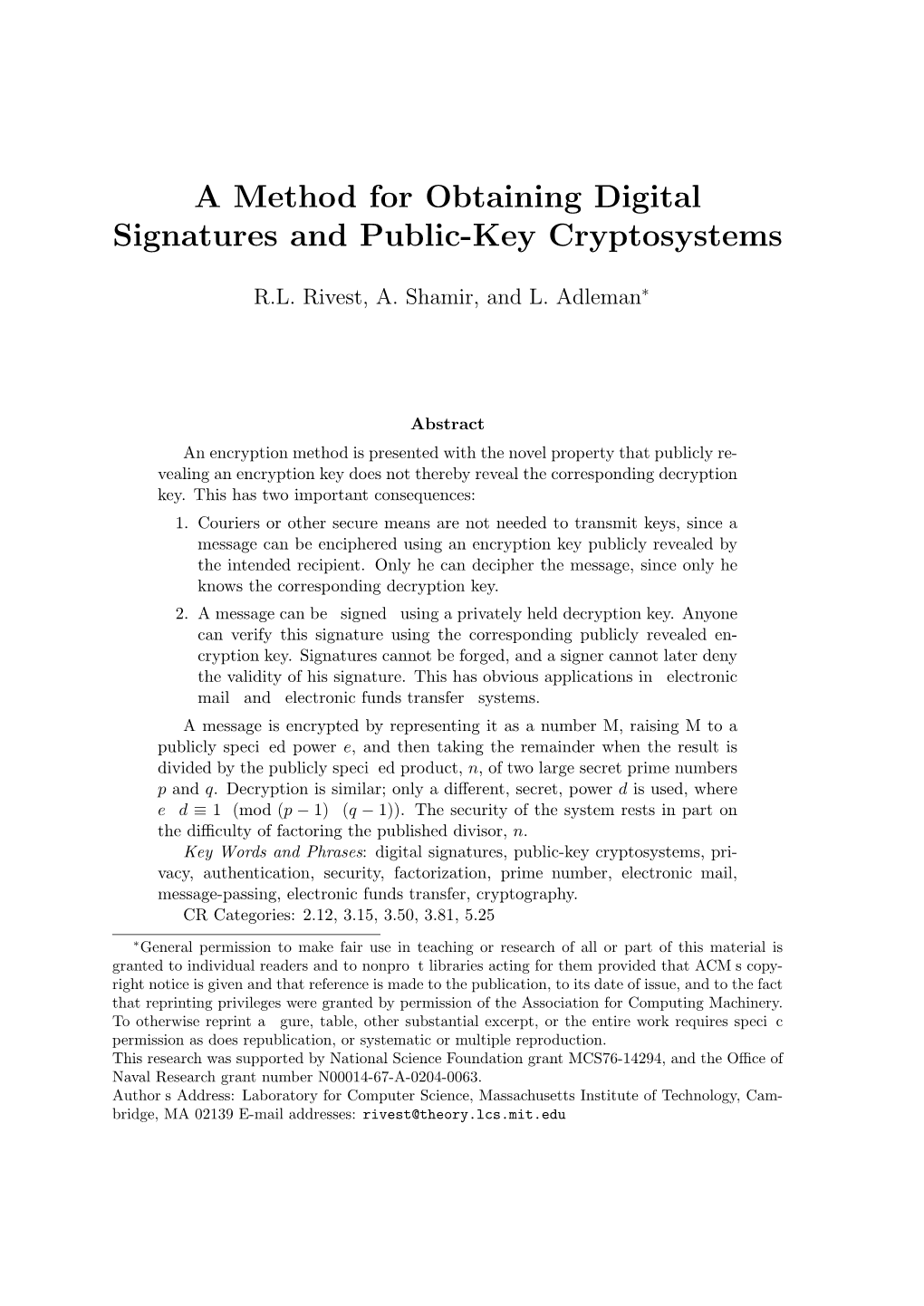 A Method for Obtaining Digital Signatures and Public-Key Cryptosystems