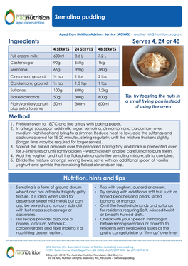 Semolina Pudding Ingredients Method Nutrition