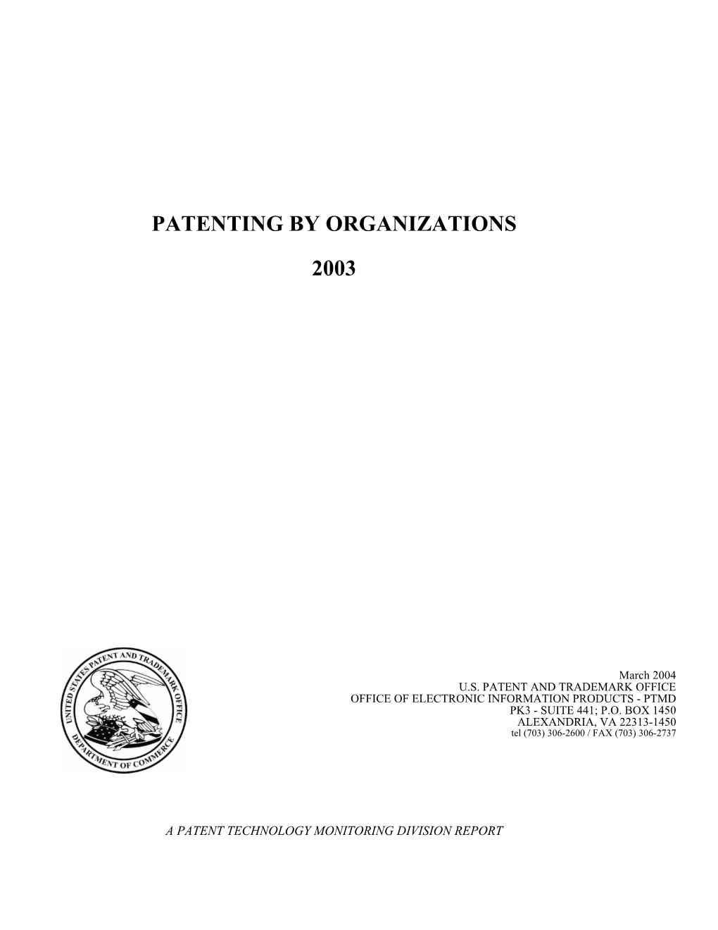 Patenting by Organizations 2003