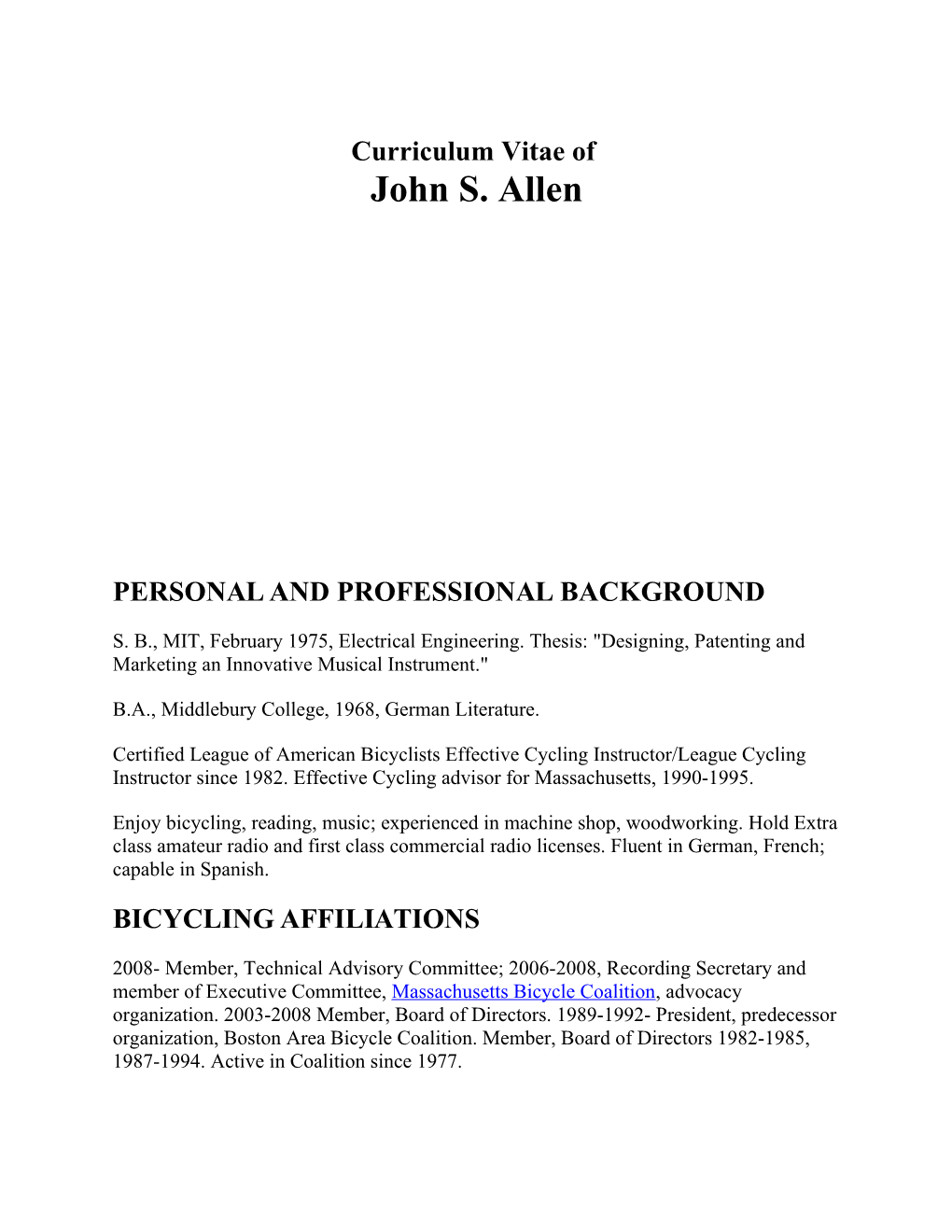 Curriculum Vitae Of John S. Allen