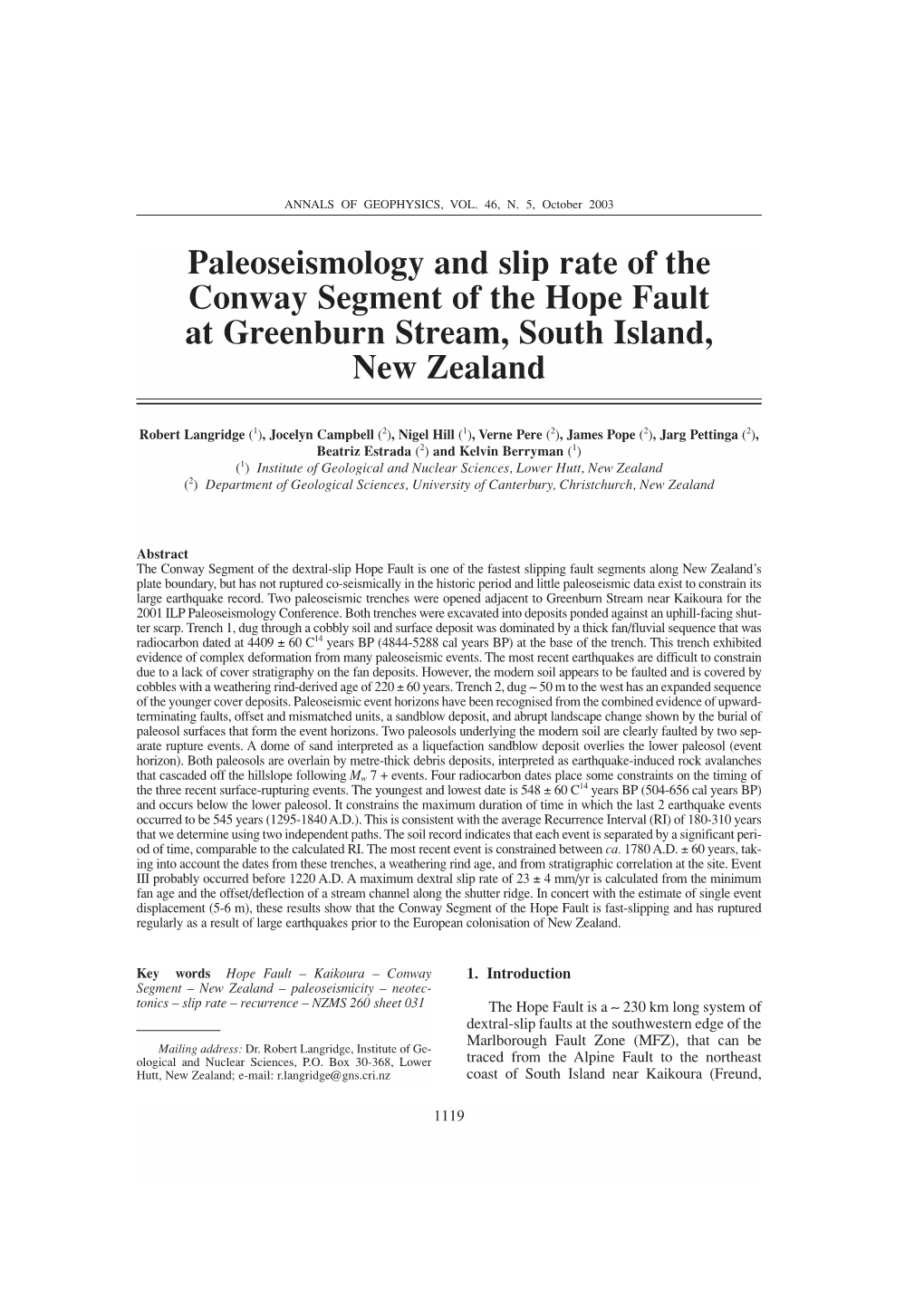 Paleoseismology and Slip Rate of the Conway Segment of the Hope Fault at Greenburn Stream, South Island, New Zealand