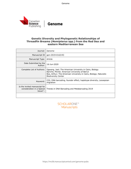 Genetic Diversity and Phylogenetic Relationships of Threadfin Breams (Nemipterus Spp.) from the Red Sea and Eastern Mediterranean Sea