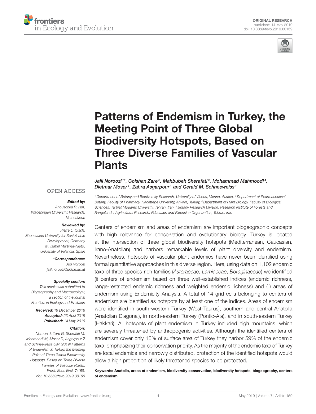 Patterns of Endemism in Turkey, the Meeting Point of Three Global Biodiversity Hotspots, Based on Three Diverse Families of Vascular Plants