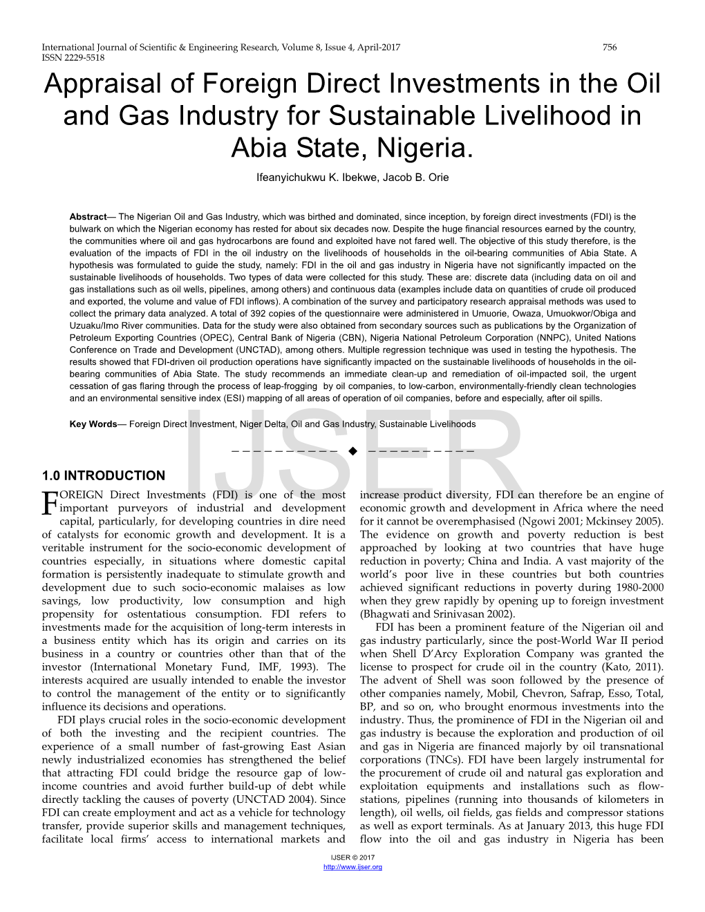Appraisal of Foreign Direct Investments in the Oil and Gas Industry for Sustainable Livelihood in Abia State, Nigeria
