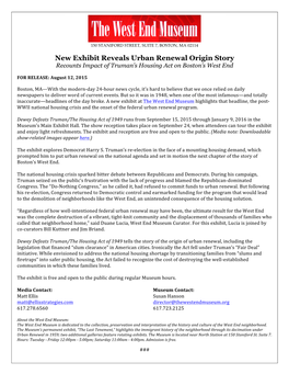 New Exhibit Reveals Urban Renewal Origin Story Recounts Impact of Truman’S Housing Act on Boston’S West End