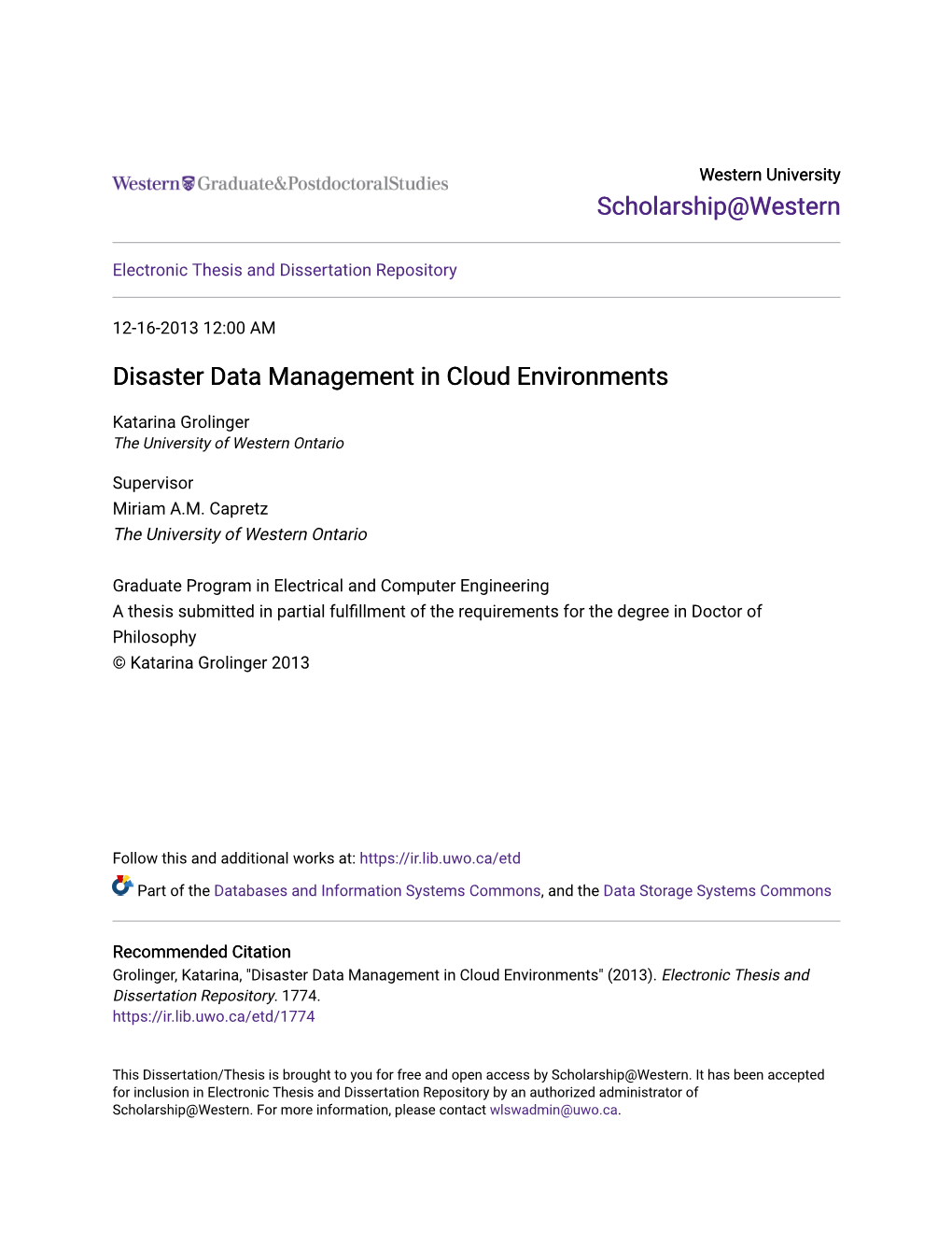 Disaster Data Management in Cloud Environments