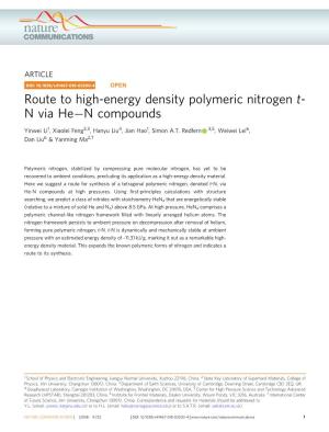 Route to High-Energy Density Polymeric Nitrogen T-N Via Heâˆ'n Compounds