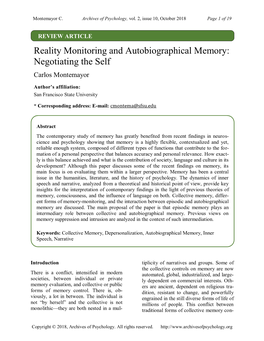 Reality Monitoring and Autobiographical Memory: Negotiating the Self Carlos Montemayor