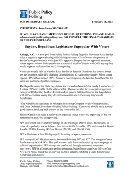 Snyder, Republican Legislature Unpopular with Voters