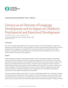 Literacy As an Outcome of Language Development and Its Impact on Children’S Psychosocial and Emotional Development 1 2 Dawna Duff, Phd, J
