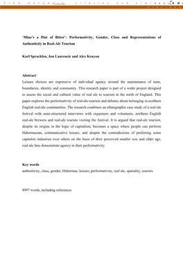 Performativity, Gender, Class and Representations of Authenticity in Real-Ale Tourism