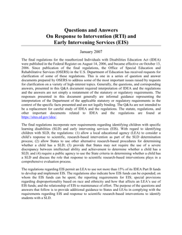 Questions and Answers on Response to Intervention (RTI) and Early Intervening Services (EIS). (PDF)