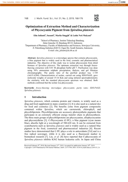 Optimization of Extraction Method and Characterization of Phycocyanin Pigment from Spirulina Platensis