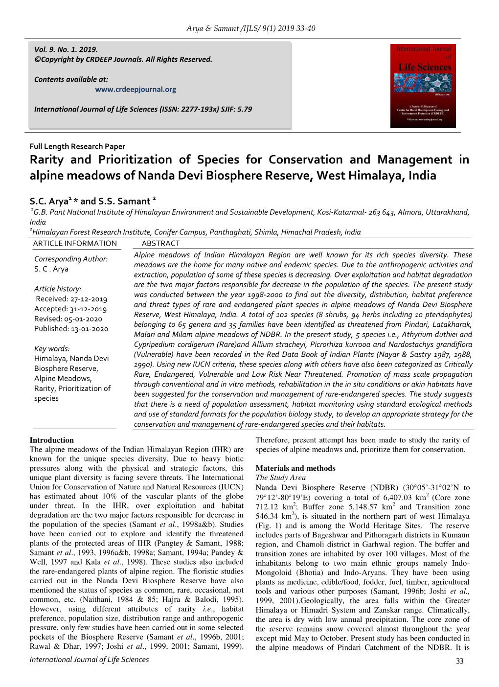 Rarity and Prioritization of Species for Conservation and Management in Alpine Meadows of Nanda Devi Biosphere Reserve, West Himalaya, India