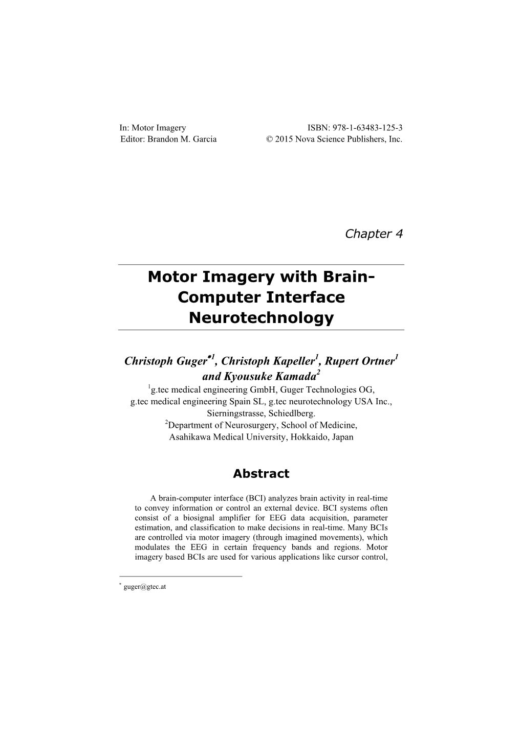 Motor Imagery with Brain- Computer Interface Neurotechnology