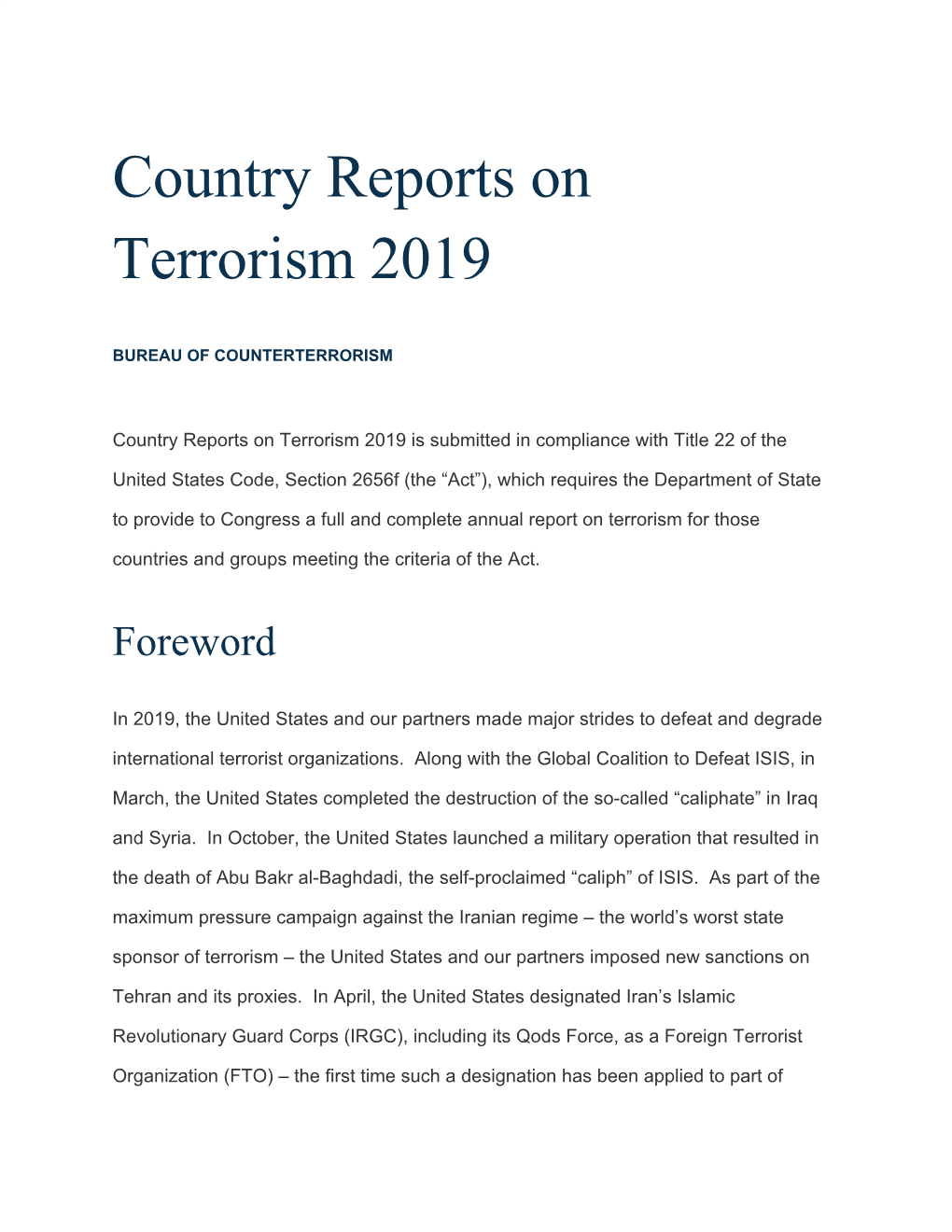 Country Reports on Terrorism 2019