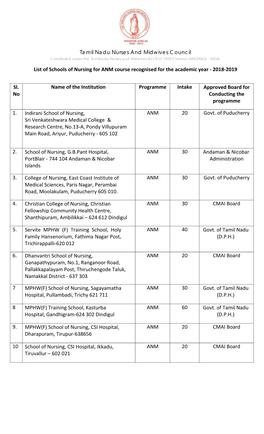 Tamil Nadu Nurses and Midwives Council List of Schools of Nursing