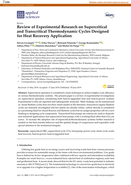 Review of Experimental Research on Supercritical and Transcritical Thermodynamic Cycles Designed for Heat Recovery Application