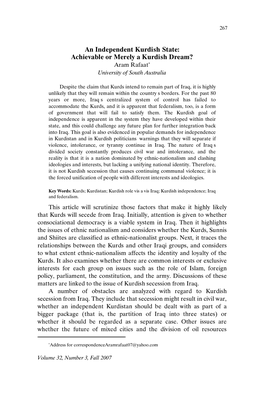 An Independent Kurdish State: Achievable Or Merely a Kurdish Dream? Aram Rafaat∗ University of South Australia