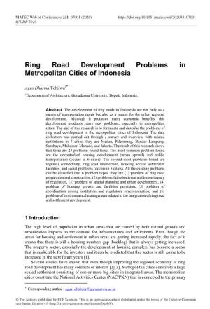 Ring Road Development Problems in Metropolitan Cities of Indonesia