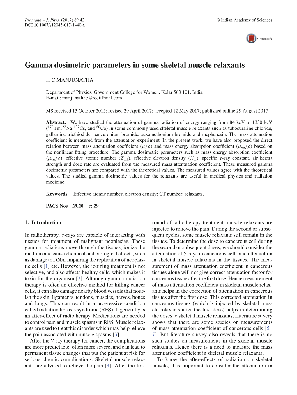 Gamma Dosimetric Parameters in Some Skeletal Muscle Relaxants