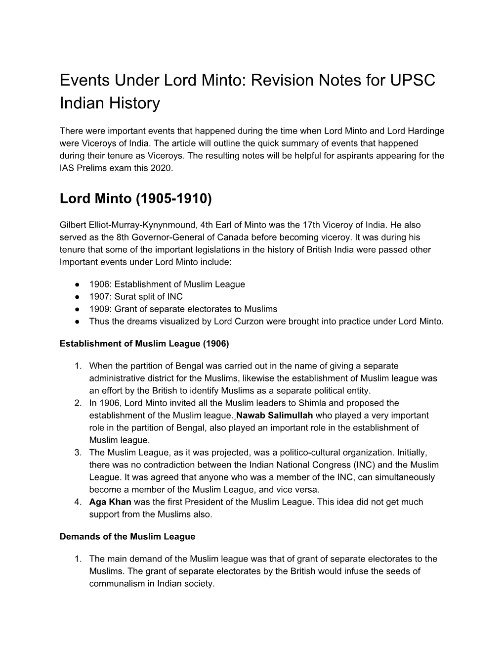 Lord Minto: Revision Notes for UPSC Indian History