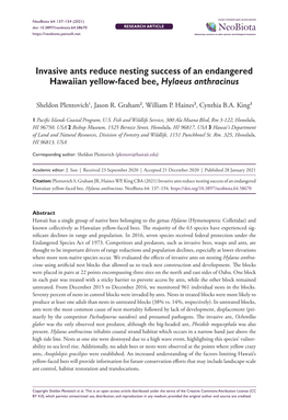 Invasive Ants Reduce Nesting Success of an Endangered Hawaiian Yellow-Faced Bee, Hylaeus Anthracinus