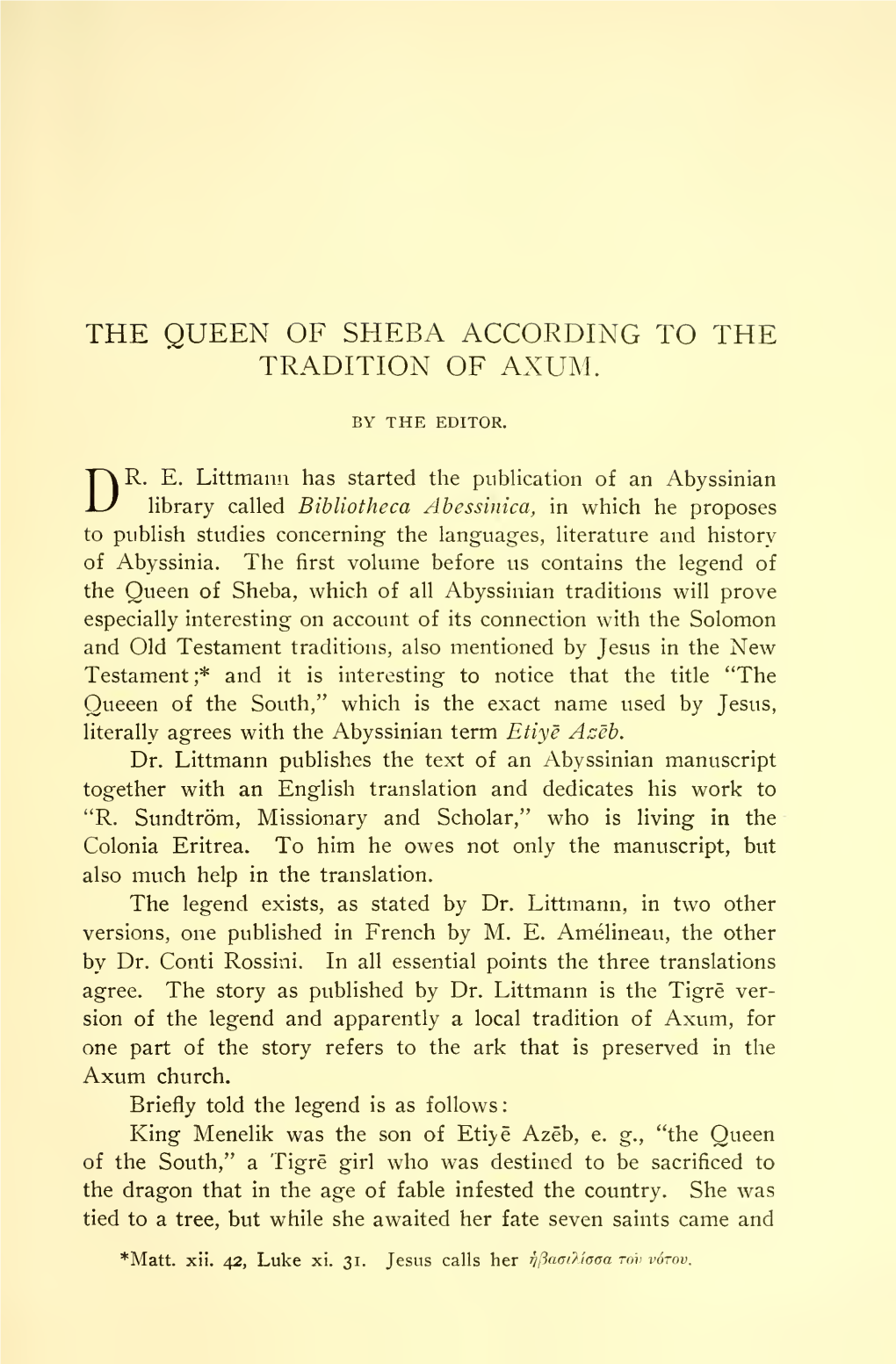 The Queen of Sheba According to the Tradition of Axum