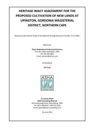Heritage Imact Assessment for the Proposed Cultivation of New Lands at Upington, Gordonia Magisterial District, Northern Cape