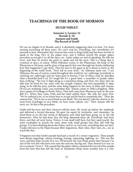 TEACHINGS of the BOOK of MORMON HUGH NIBLEY Semester 2, Lecture 32 Mosiah 8–10 Ammon and Limhi the Record of Zeniff