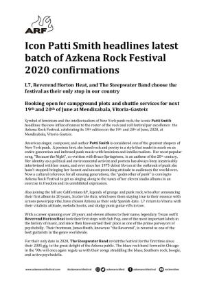 Icon Patti Smith Headlines Latest Batch of Azkena Rock Festival 2020