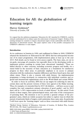 Education for All: the Globalization of Learning Targets