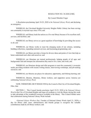 RESOLUTION NO. 30-2020 (CRR) by Council Member Ungar A
