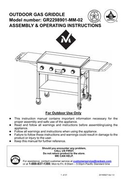 OUTDOOR GAS GRIDDLE Model Number: GR2298901-MM-02 ASSEMBLY & OPERATING INSTRUCTIONS